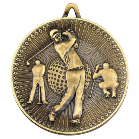 GOLF DELUXE MEDAL - ANTIQUE GOLD 2.35in