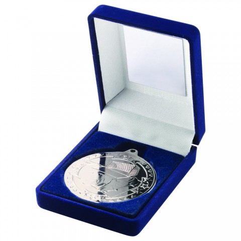 Medal Football Award Trophy Blue Velvet Box Antique Silver 4in FREE Engraving 